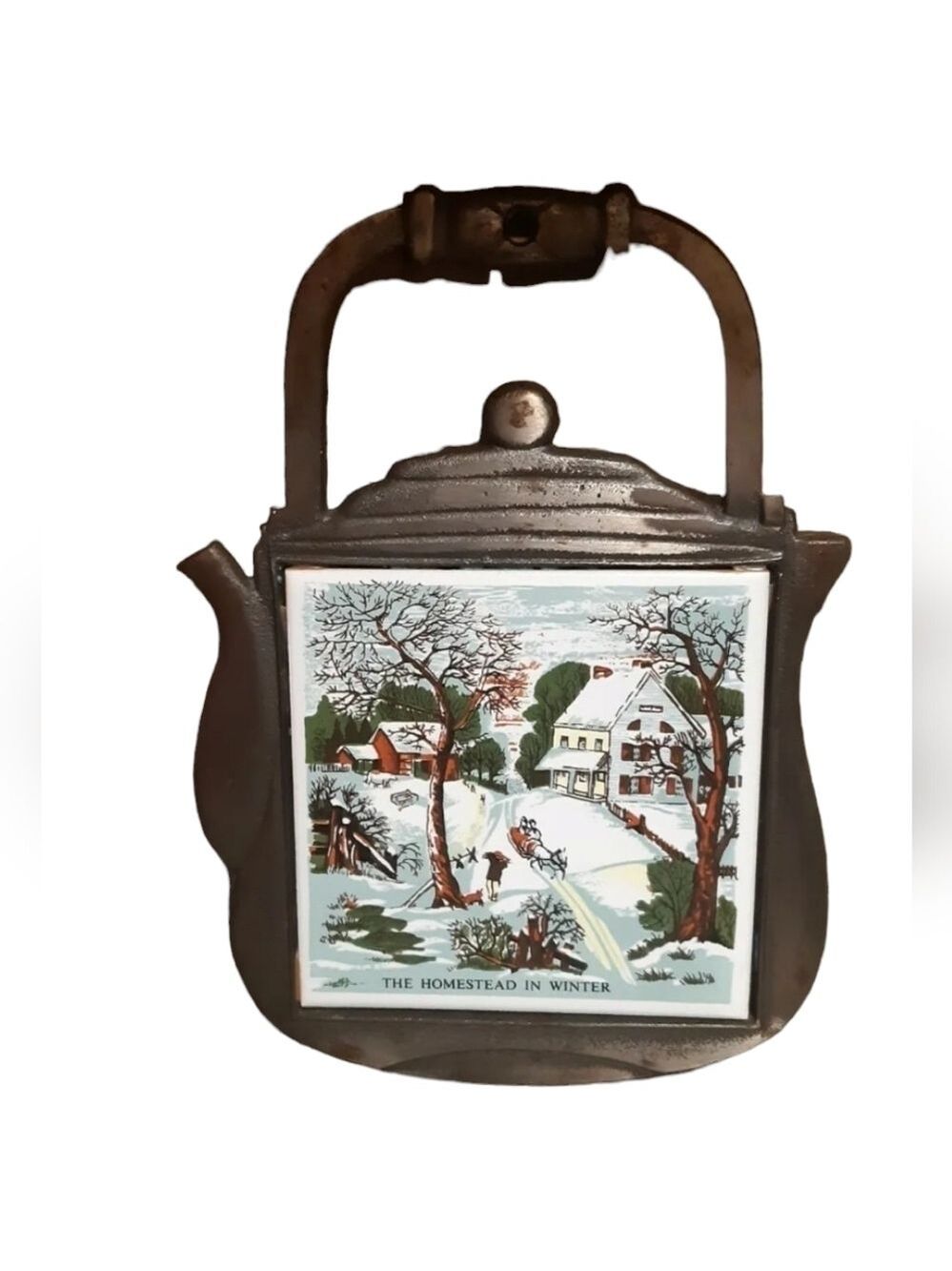 VTG SEVEN 7 STAR Cast Iron Tile Trivet “The Old Homestead in Winter" tea pot